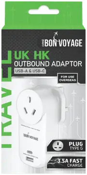 Bon Voyage Travel Adaptor AU to UK (2 USB Ports)
