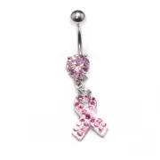 Pink Awareness Ribbon Multi Gem Dangle 316L Surgical Steel Navel Ring