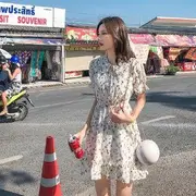 Short-Sleeve Floral Mini A-Line Dress Beige - S