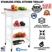 Wooden Kitchen Trolley Stainless Steel Top Workbench Island Towel Rack WHITE