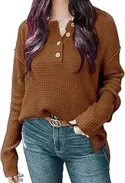 [Qolkmuiy-GJ] Women's V Neck Button Down Pullovers Fall Winter Side Split Casual Jumper Tops Long Sleeve Loose Knit Jumpers