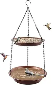 Hanging Bird Bath for Outdoor, 2-in-1 Antique Copper Metal Bird Feeder&Birdbath Bowls with 23" Rust-Proof Black Chains Backyard Birdbath Garden Decor