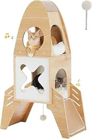 PAWZ Road Wooden Cat Tree Scratching Posts, Modern Rocket Shape 110cm Cat Tower for Indoor Cats, Cat Furniture with 2 Large Condos, Sisal Pad, Dangling Balls and Scratching Board