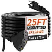 25 FT 12/3 Gauge Outdoor Extension Cord with Multiple Outlets, Flexible 3 Out...