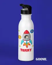 Kids Personalised Water Drink Bottle Rocket Space Boy Girl Child Birthday School