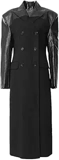 [Zadaos] Women Black Pu Leather Patchwork Elegant Long Blazer Lapel Long Sleeve Jacket