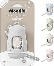 NEW Moodie Teddy Bear Nappy Bag Dispenser | Nappy Bag on the Go Dispenser w/Silicon Strap |15 LAVENDER SCENTED Nappy Disposal Bags per Roll | Nappy bag essential items (CLOUDY GREY)
