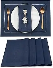 D'Moksha Homes Navy Blue Linen Placemats Set of 4-14 x 19 Inch, 100% Pure Linen Cloth Placemats, Classic Hemstitch Navy Blue Table Placemats for 4th of July - Easy Care Machine Washable