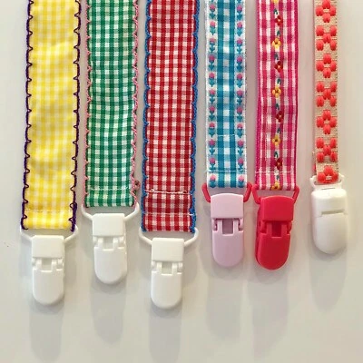 Gingham Dummy Clip, Pacifier Holder, Flower Embroidery Lace Gingham Ribbon