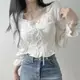 韓國chic春季法式氣質方領交叉綁帶設計修身顯瘦百搭喇叭袖襯衫女