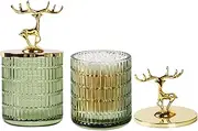 Tonxus Green Apothecary Jars with Lids, Glass Bathroom Qtip Holder Set, 2pcs Cute Qtip Container with Lid, Bathroom Vanity Accessories Storage Canister Organizer for Cotton Swabs, Rounds, Balls,