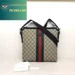 二手精品 GUCCI 古馳 經典綠紅綠織帶GG防水帆布方形斜背包棕色 387111