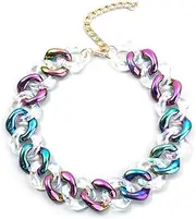 [Caiyao] Punk Acrylic Colorful Leopard Cuban Link Chain Statement Necklace Rainbow Chunky Paperclip Collar Choker Necklace for Women Teens Girls Gift Hip Hop Adjustable Geometric Bar Jewelry