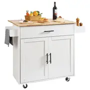 Kitchen Island Cart with Solid Wood Top, 900mm Width Mobile Carts with Storage Cabinet, Rolling Kitchen Table with Spice Rack, Towel Rack, Drop Leaf and Drawer, Portable Islands on Wheels,