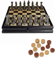WE Games Pewter Medieval Chess & Checkers Set - Black Stained Wood Board - 15 in