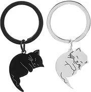 [Minkissy] Matching Couples Cat Keychain Stainless Steel Kitten Charm Fun Keyring for Valentines Day for Friends Couples