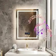LUVODI Bluetooth LED Bathroom Mirrors: 700x900mm Illuminated Wall Mounted Vanity Mirrors with Dimmable 3 Colours Front Light + Backlit, Anti-Fog, Memory Function, Time Display, Vertical