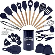 [Country Kitchen] Non Stick Silicone Utensil Set with Rounded Wood Handles for Cooking and Baking, 38 Piece Set, Navy