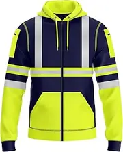 [NOROZE] Mens Hi-Viz Front Zip Hoodie Reflective Tape High Visibility Safety Coat Sweatshirt