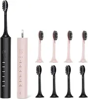 SUNPRO 2 Pack Sonic Electric Toothbrush for Adults, Rechargeable Toothbrush with 2 Minute Built-in Timer, 6 Powerful Modes with 3 Intensity Levels, 8 Soft Brush Heads (Black + Pink)