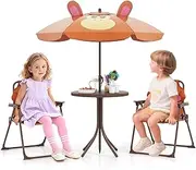 HONEY JOY 4Pcs Kids Picnic Set, Toddler Outdoor Activity Table w/2 Folding Chairs & a Height Adjustable Umbrella, Baby Beach Set, Kids Patio Furniture for Porch, Garden, Yard, Suits 3-6, Brown