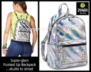 Zumba FUNKED UP BACK PACK Tote Gym Bag Silver Glam! Split 100% Leather 13Lx9Wx5D