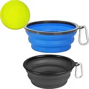 Large Collapsible Dog Bowl 2-Pack with Dog Frisbee Toy 34 oz Collapsible Dog Travel Bowl, Buckle Portable Dog Water Food Bowl Pet Cat Feeding Cup and Tray for Travel, Walking, Hiking (Grey + Blue)