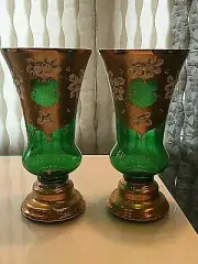 LOT 2 Vintage BOHEMIA CZECH REPUBLIC 24K Gold Green CRYSTAL GLASS VASE 12" MINT