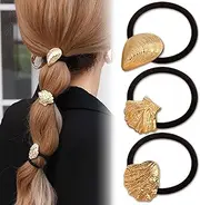 FULANSI Gold Hair Ties, Metal Hair Ties for Thick Hair Bohemia Shell Design Elastics Rubber Hair Scrunchies Non-damage Ponytail Holders for Women Spring Summer Hair Styling Accessories 3pcs