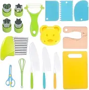 WADY Kids Safe Knife Set, Montessori Kitchen Tools for Toddlers - Kids Cooking Sets,Toddler Knife for Real Cooking with Safe Knives,Peeler, Cutting Board,Crinkle Cutter & Fun Shape Cutters (17 PCS)