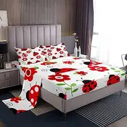 Castle Fairy Ladybug Bed Sheets Kids Boys Red Floral and Animal Sheet Set 3 Pcs Child Cute Bug Sheets Set + Deep Pocket Fitted Sheets + Entomology Flat Sheet 1 Pillow Sham,Twin Size