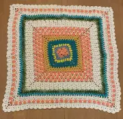 Handmade Crochet Afghan Blanket 30 x 30 Baby/Lap/Throw NEW Pink Teal White Gold