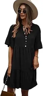 [Generic] Women's Casual V Neck Short Sleeve Tiered Ruffle A-Line Flared Summer Short Mini Dress