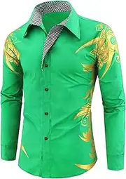 [Maiyifu-GJ] Mens Print Button Down Dress Shirt Shiny Golden Printed Long Sleeves Shirts Casual Floral Nightclub Shirt Costume