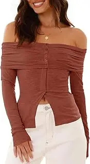 [Fisoew] Women's Off Shoulder Long Sleeve Shirt with Button Down Design Side Slit Tops