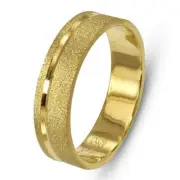 Solid 14k Yellow Gold Classic Wedding Ring Sandblast Finish Shiny Emboss Stripe