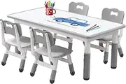 Kids Table and 4 Chairs Set, Height Adjustable Toddler Desk & Chairs for 3+ Years, Arts Crafts Table with Non-Slip Legs & Graffiti Desktop, Children Study Activity Table Set for Home, Daycare, School