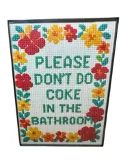 "Please, don't do coke in the bathroom" Cross Stitched art print. 5x7 framed