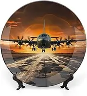 Military Plane Landing on Air Force Runways Against Beautiful Ceramic Decorative Plates by DuSky, Decorative Plates for Display, Bohemian Style Dinner Plate with Stand