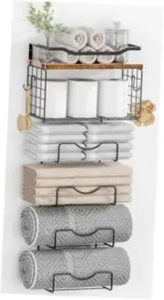 Towel Racks for Bathroom,Towel Rack Wall J-type Black Rack Vintage Brown Plank