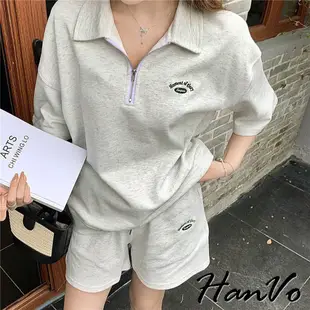 【HanVo】POLO翻領拉鍊休閒套裝 寬鬆舒適簡約百搭 日常韓系女裝 女生衣著 5990