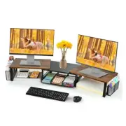 Desk Dual Monitor Stand Riser - Desk Organizer with Drawer and Pen Holders,