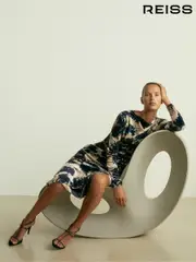 Reiss Navy Briana Ruched Abstract-Print Velvet Dress (E67169) | $350