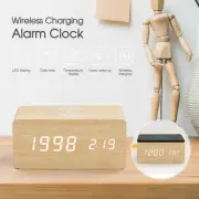 Digital Alarm Clock Wooden Table Desk Bedside LED Clock With Wireless Charger AU