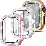 (3 Pack) T Tersely Crystal Diamond Bling Case for Apple Watch Series 10 46mm, Glitter Protective Bumper with Tempered Glass Overall Replacement Cover(Rose Gold+Sliver+Pink, Series 10 46mm)