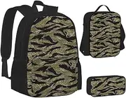 [ERCgad] Tiger Stripe Camo Print Canvas 3-In-1 School Bags Set Backpack Lunch Bag Pencil Case Combo For Men Women, Black, One Size