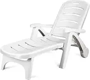 Giantex Folding Camping Lounge Chair, Portable Rolling Recliner, 5 Adjustable Positions, White