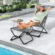 CostwayPatio Folding Sling Chair with Ottoman Portable Lounge Chair with Footrest-Grey