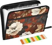 Quteprint 13 Pockets Expanding File Folder with Zipper Closure, Retro Chrysanthemum Pattern Leaves Accordion File Folder with Sticky Labels, Letter Size A4 Papers Expandable File Document Organizer