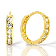 14K Real Yellow Gold Huggie Women Earrings 2.3mm x 12mm Gift Box